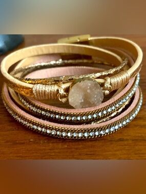 Rose Gold Tan Pink & Druzy Stone Magnetic Wrap Bracelet